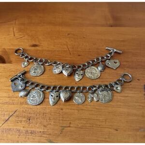 2 Vintage Style Coin Charm Bracelet Mixed Metal Dangle Charms Statement Jewelry